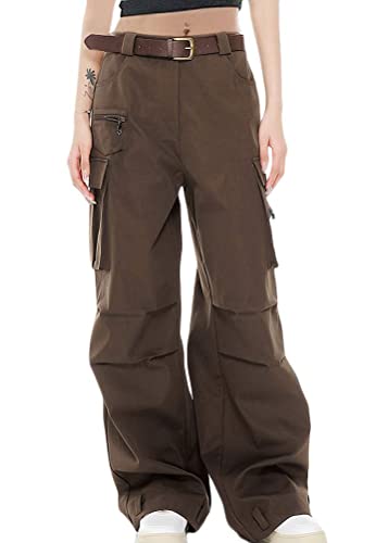 ORANDESIGNE Damen Cargohose Baggy Hohe Taille Gerade Breites Bein Baggy Denim Hosen Y2k Aesthetic Vintage Lang Freizeithose 90er E-Girl Streetwear K Braun M von ORANDESIGNE
