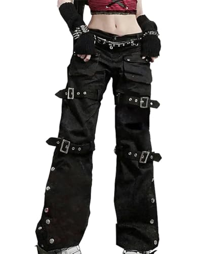 ORANDESIGNE Damen Cargohose Baggy Hohe Taille Gerade Breites Bein Baggy Denim Hosen Y2k Aesthetic Vintage Lang Freizeithose 90er E-Girl Streetwear N Schwarz S von ORANDESIGNE