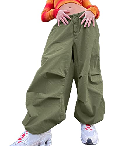 ORANDESIGNE Damen Cargohose Baggy Hohe Taille Gerade Breites Bein Baggy Denim Hosen Y2k Aesthetic Vintage Lang Freizeithose 90er E-Girl Streetwear X Grün XS von ORANDESIGNE