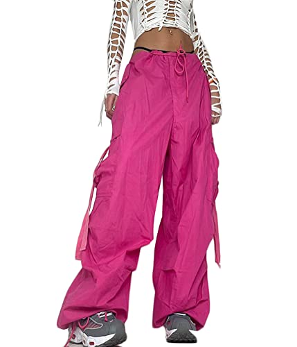 ORANDESIGNE Damen Cargohose Baggy Hohe Taille Gerade Breites Bein Baggy Denim Hosen Y2k Aesthetic Vintage Lang Freizeithose 90er E-Girl Streetwear ZB Rosa M von ORANDESIGNE