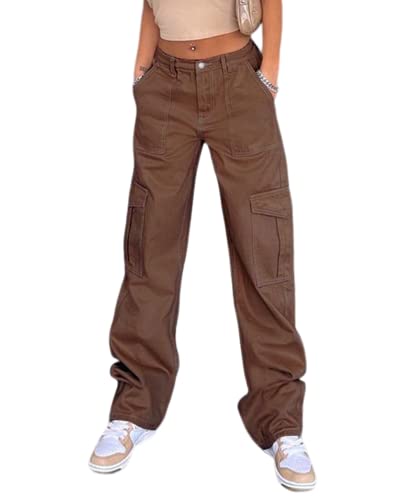 ORANDESIGNE Damen Cargohose Baggy Hohe Taille Gerade Breites Bein Baggy Denim Hosen Y2k Aesthetic Vintage Lang Freizeithose Jeanshosen Teenager Mädchen 90er E-Girl Streetwear C Braun M von ORANDESIGNE