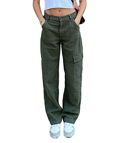 ORANDESIGNE Damen Cargohose Baggy Hohe Taille Gerade Breites Bein Baggy Denim Hosen Y2k Aesthetic Vintage Lang Freizeithose Jeanshosen Teenager Mädchen 90er E-Girl Streetwear E Grün L von ORANDESIGNE