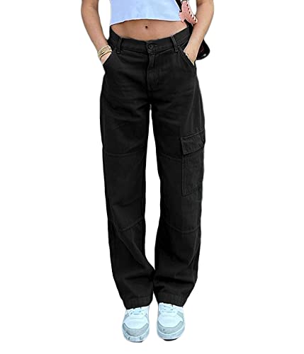 ORANDESIGNE Damen Cargohose Baggy Hohe Taille Gerade Breites Bein Baggy Denim Hosen Y2k Aesthetic Vintage Lang Freizeithose Jeanshosen Teenager Mädchen 90er E-Girl Streetwear E Schwarz S von ORANDESIGNE