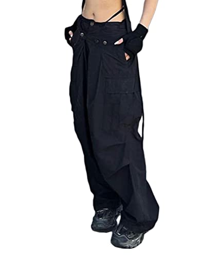 ORANDESIGNE Damen Cargohose Baggy Hohe Taille Gerade Breites Bein Baggy Denim Hosen Y2k Aesthetic Vintage Lang Freizeithose Jeanshosen Teenager Mädchen 90er E-Girl Streetwear N Schwarz M von ORANDESIGNE