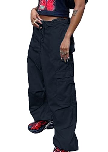 ORANDESIGNE Damen Cargohose Baggy Hose Y2K Niedriger Bund Gerade Breites Bein Freizeithose Y2k Aesthetic Vintage Lang Jogginghose 90er E-Girl Teenager Mädchen Streetwear N Schwarz L von ORANDESIGNE