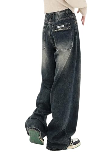 ORANDESIGNE Damen Cargohose Baggy Low Waist Cargo Jeans Gerade Breites Bein Denim Hosen Y2k Aesthetic Vintage Jeanshosen 90er Streetwear Straight Leg Pants Loose Fit Boyfriend Pants A Dunkelblau XS von ORANDESIGNE