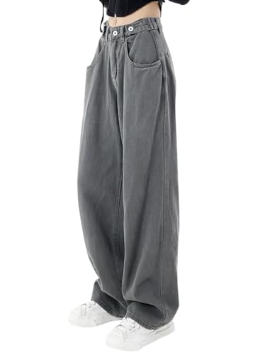 ORANDESIGNE Damen Cargohose Baggy Low Waist Cargo Jeans Gerade Breites Bein Denim Hosen Y2k Aesthetic Vintage Jeanshosen 90er Streetwear Straight Leg Pants Loose Fit Boyfriend Pants C Grau XS von ORANDESIGNE