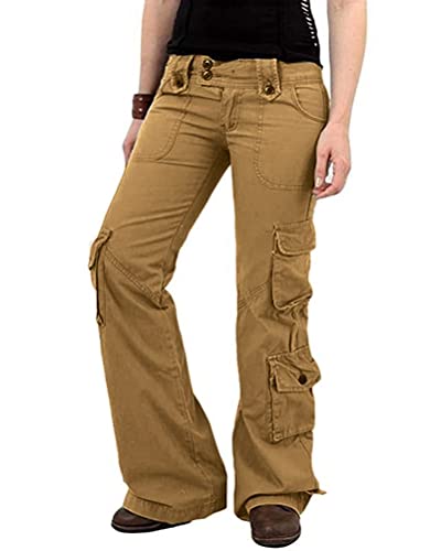 ORANDESIGNE Damen Cargohose Militär Hosen Weite Bein Hosen Jeanshose Multi Taschen Tiefer Bund Freizeithose Outdoorhose Arbeitshose K Khaki XS von ORANDESIGNE