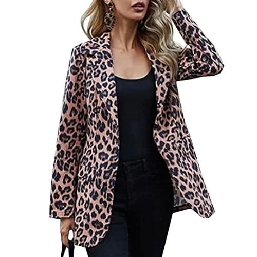 ORANDESIGNE Damen Casual Blazer Jacke Jahrgang Poster Blumenmuster Leopardenmuster Patchwork Übergröße Jacken Langarm Retro Strickjacke Mantel mit Tasche G Leopard XL von ORANDESIGNE