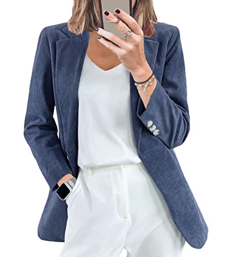 ORANDESIGNE Damen Casual Cord Blazer Offene Front Langarm Revers Arbeit Büro Jacken Blazer Anzug Strickjacke Outwear A Blau XL von ORANDESIGNE