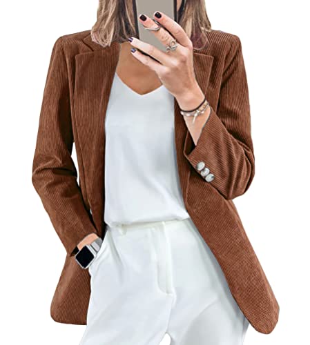 ORANDESIGNE Damen Casual Cord Blazer Offene Front Langarm Revers Arbeit Büro Jacken Blazer Anzug Strickjacke Outwear A Kaffee M von ORANDESIGNE
