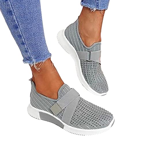 ORANDESIGNE Damen Casual Grau Sneakers Trainer Dickbesohlige Casual Slip-on Einfarbig Strass Licht Atmungsaktive Walking Jogging Outdoor Flache Schuhe Grau 40 EU von ORANDESIGNE