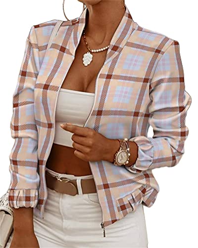 ORANDESIGNE Damen Casual Jacke Blumenmuster Langarm Bomberjacke Reißverschluss Stehkragen Outwear Kurz Coat Herbst Frühling D Plaid L von ORANDESIGNE