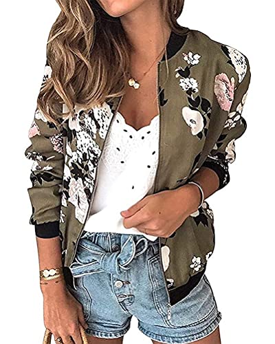 ORANDESIGNE Damen Casual Jacke Blumenmuster Langarm Bomberjacke Reißverschluss Stehkragen Outwear Kurz Coat Herbst Frühling L Armeegrün L von ORANDESIGNE