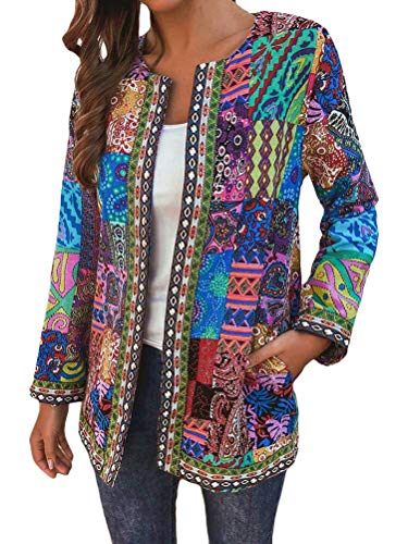ORANDESIGNE Damen Casual Jacke Jahrgang Blumenmuster Patchwork Übergröße Jacken Langarm Retro Strickjacke A Grün 3XL Mantel mit Tasche von ORANDESIGNE