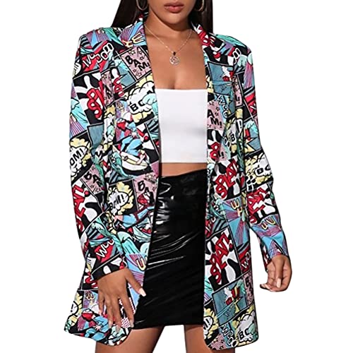 ORANDESIGNE Damen Casual Lange Ärmel Vorne Offen Blazer Poster Blumenmuster Leopardenmuster Seitentaschen Arbeit Suit Büro Jacke I Blau M von ORANDESIGNE