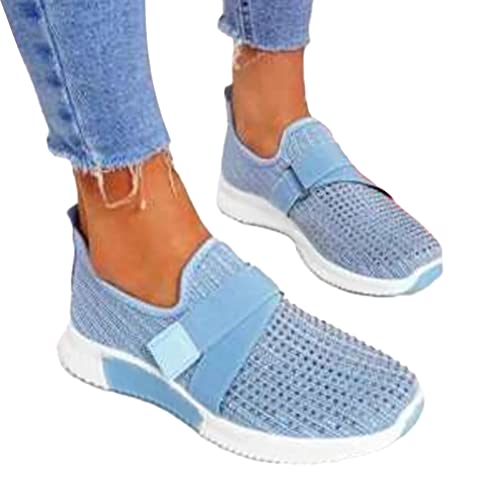 ORANDESIGNE Damen Casual Sneakers Trainer Dickbesohlige Casual Slip-on Einfarbig Strass Licht Atmungsaktive Walking Jogging Outdoor Flache Schuhe Blau 40 EU von ORANDESIGNE