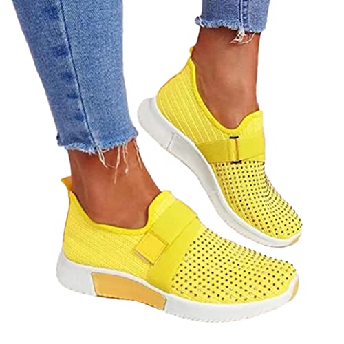 ORANDESIGNE Damen Casual Sneakers Trainer Dickbesohlige Casual Slip-on Einfarbig Strass Licht Atmungsaktive Walking Jogging Outdoor Flache Schuhe Gelb 37 EU von ORANDESIGNE