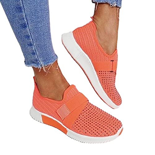 ORANDESIGNE Damen Casual Sneakers Trainer Dickbesohlige Casual Slip-on Einfarbig Strass Licht Atmungsaktive Walking Jogging Outdoor Flache Schuhe Orange 40 EU von ORANDESIGNE