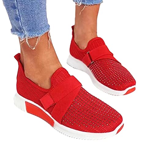 ORANDESIGNE Damen Casual Sneakers Trainer Dickbesohlige Casual Slip-on Einfarbig Strass Licht Atmungsaktive Walking Jogging Outdoor Flache Schuhe Rot 37 EU von ORANDESIGNE