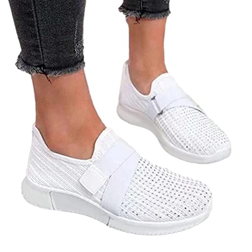 ORANDESIGNE Damen Casual Sneakers Trainer Dickbesohlige Casual Slip-on Einfarbig Strass Licht Atmungsaktive Walking Jogging Outdoor Flache Schuhe Weiß 37 EU von ORANDESIGNE