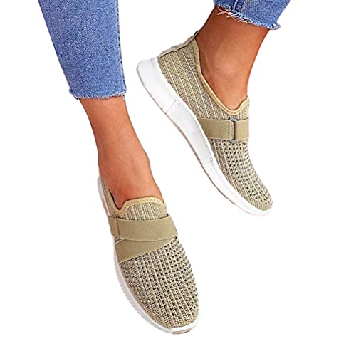 ORANDESIGNE Damen Casual Sneakers Walking Trainer Dickbesohlige Casual Slip-on Casual Einfarbig Bright Diamond Decoration Leichter Atmungsaktiver Working Jogging Outdoor Schuh Khaki 41 EU von ORANDESIGNE