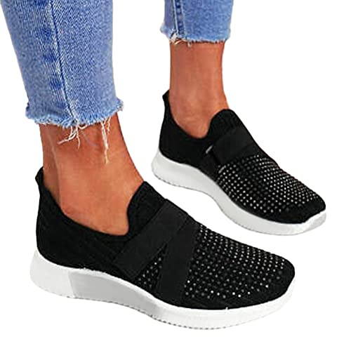 ORANDESIGNE Damen Casual Sneakers Walking Trainer Dickbesohlige Casual Slip-on Casual Einfarbig Bright Diamond Decoration Leichter Atmungsaktiver Working Jogging Outdoor Schuh Schwarz 38 EU von ORANDESIGNE