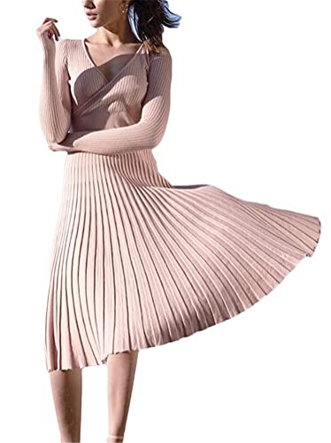 ORANDESIGNE Damen Cocktail Festlich Hochzeit Party Kleid Langarm Winter Pullover Strickkleid Sweatkleid Elegant Midi Plissee Abendkleid A Aprikose L von ORANDESIGNE