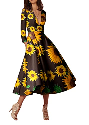 ORANDESIGNE Damen Cocktailkleid Elegante Vintage Bedrucktes Kleid V-Ausschnitt 3/4 Ärmel Midikleid Partykleid A-Linie Abendkleid Rockabilly Festliche Hochzeit Kleider A Gelb S von ORANDESIGNE