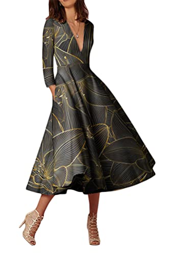 ORANDESIGNE Damen Cocktailkleid Elegante Vintage Bedrucktes Kleid V-Ausschnitt 3/4 Ärmel Midikleid Partykleid A-Linie Abendkleid Rockabilly Festliche Hochzeit Kleider A Gold 3XL von ORANDESIGNE