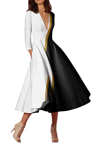 ORANDESIGNE Damen Cocktailkleid Elegante Vintage Bedrucktes Kleid V-Ausschnitt 3/4 Ärmel Midikleid Partykleid A-Linie Abendkleid Rockabilly Festliche Hochzeit Kleider A Weiß 01 3XL von ORANDESIGNE