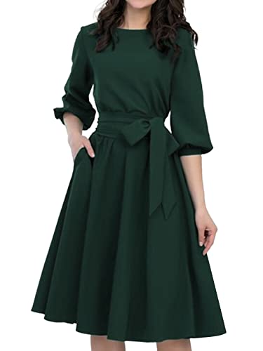 ORANDESIGNE Damen Cocktailkleid Elegantes Vintage Kleid Rundhals 3/4 Ärmel Midikleid Partykleid A-Linie Abendkleid Faltenrock X1 Grün 46 von ORANDESIGNE