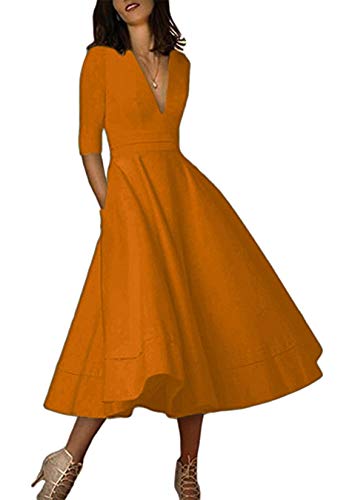 ORANDESIGNE Damen Cocktailkleid Elegantes Vintage Kleid V Ausschnitt 3/4 Ärmel Midikleid Partykleid A-Linie Abendkleid Faltenrock Bronze 40 von ORANDESIGNE