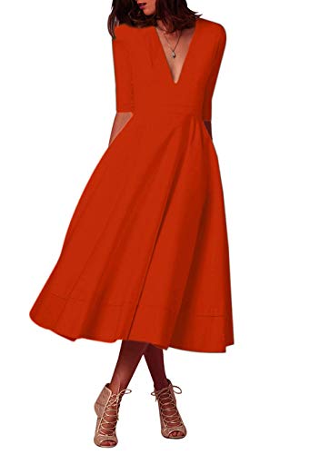 ORANDESIGNE Damen Cocktailkleid Elegantes Vintage Kleid V Ausschnitt 3/4 Ärmel Midikleid Partykleid A-Linie Abendkleid Faltenrock Orange 38 von ORANDESIGNE