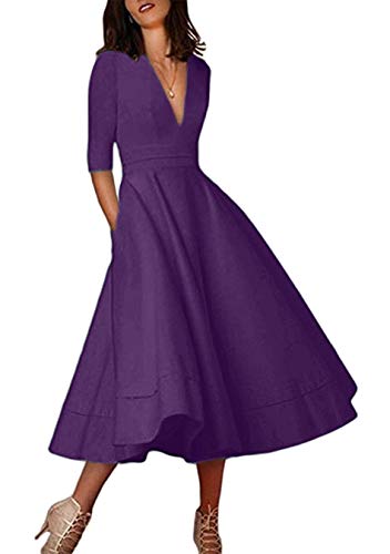 ORANDESIGNE Damen Cocktailkleid Elegantes Vintage Kleid V Ausschnitt 3/4 Ärmel Midikleid Partykleid A-Linie Abendkleid Faltenrock Violett 42 von ORANDESIGNE