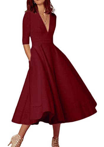 ORANDESIGNE Damen Cocktailkleid Elegantes Vintage Kleid V Ausschnitt 3/4 Ärmel Midikleid Partykleid A-Linie Abendkleid Faltenrock Weinrot 42 von ORANDESIGNE