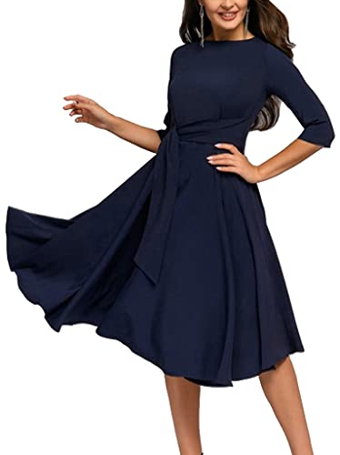 ORANDESIGNE Damen Cocktailkleid Elegantes Vintage Kleid V Ausschnitt 3/4 Ärmel Midikleid Partykleid A-Linie Abendkleid Swing Kleid Y Navy Blau 40 von ORANDESIGNE
