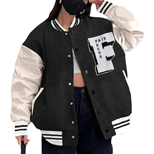 ORANDESIGNE Damen College Jacke Herren Baseball Jacke Sportjacke Sweatjacke Oldschool Varsity Sport Jacken Vintage Bomberjacke Oversized Patchwork Streetwear Baseball Mantel A Schwarz XL von ORANDESIGNE