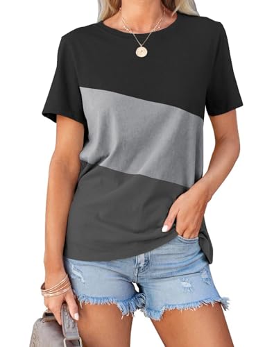 ORANDESIGNE Damen Color Block Kurzarm T-Shirts Casual Rundhals Tops Basic Sommer Loose Fit T-Shirts, schwarz-grau-anthrazit, X-Groß von ORANDESIGNE