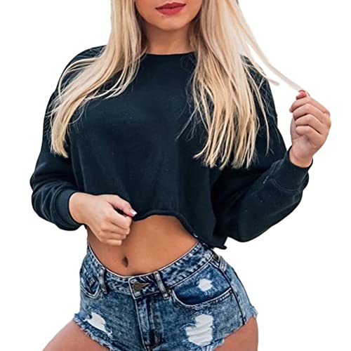 ORANDESIGNE Damen Crop Pullover Sweatshirt Langarm Oberteil Locker Crop Top Bauchfrei Langarmshirts Herbst Pulli A Schwarz S von ORANDESIGNE