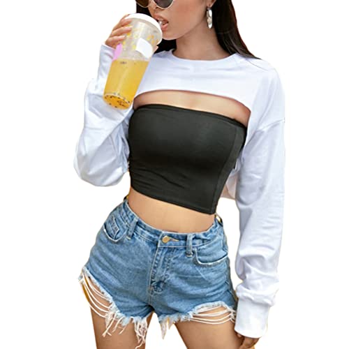 ORANDESIGNE Damen Crop Pullover Ultrakurz Sweatshirts Langarm Pulli Rundkragen Cut Outs Shirts Einfarbiger Crop Top Clubwear A Weiß L von ORANDESIGNE