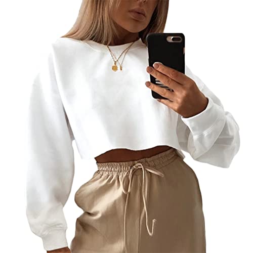 ORANDESIGNE Damen Crop Sweatshirt Frauen Sweatshirt Ohne Kapuze Vintage Pullover Langarm Retro Langarmshirt 90er Y2K Fashion Aesthetic E-Girl Teenager Mädchen Herbst Winter Pulli A Weiß S von ORANDESIGNE