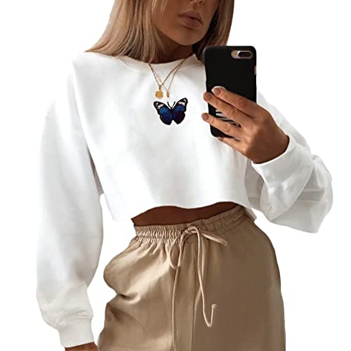 ORANDESIGNE Damen Crop Sweatshirt Frauen Sweatshirt Ohne Kapuze Vintage Pullover Langarm Retro Langarmshirt 90er Y2K Fashion Aesthetic E-Girl Teenager Mädchen Herbst Winter Pulli B Weiß XS von ORANDESIGNE