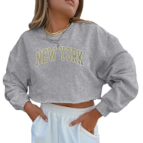 ORANDESIGNE Damen Crop Sweatshirt Frauen Sweatshirt Ohne Kapuze Vintage Pullover Langarm Retro Langarmshirt 90er Y2K Fashion Aesthetic E-Girl Teenager Mädchen Herbst Winter Pulli D Grau M von ORANDESIGNE