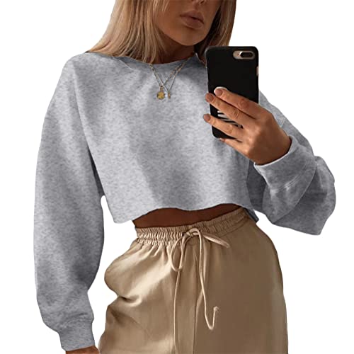 ORANDESIGNE Damen Crop Sweatshirt Langarm Pullover mit Buchstaben Bauchfrei Pulli Herbst Langarmshirt Rundhals A Grau S von ORANDESIGNE