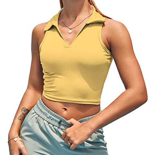 ORANDESIGNE Damen Crop-Top Frauen Athletische Hemden Ärmellose Yoga-Tops Laufende Fitnessstudio Trainings Shirts D Gelb M von ORANDESIGNE