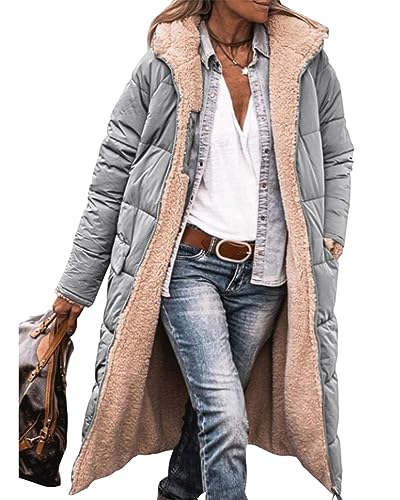 ORANDESIGNE Damen Daunenjacke A Hellgrau Lang Mantel Steppmantel Wintermantel Mit Kapuze Winter Warm Winddicht Jacke Outdoorjacke Steppjacke Steppmantel L von ORANDESIGNE