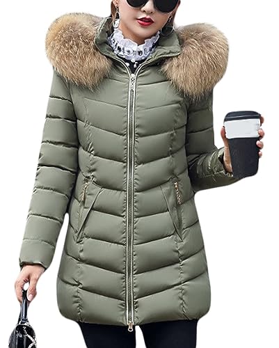 ORANDESIGNE Damen Daunenmantel Mittellange mit Pelzkragen Warm Dicker Winterjacke Slim Steppmantel Wintermantel Parka Winddicht Steppjacke Trenchcoat Elegant Winterjacke Outwear A Grün L von ORANDESIGNE