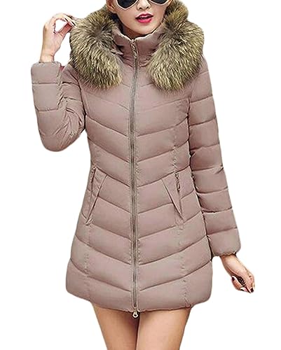 ORANDESIGNE Damen Daunenmantel Mittellange mit Pelzkragen Warm Dicker Winterjacke Slim Steppmantel Wintermantel Parka Winddicht Steppjacke Trenchcoat Elegant Winterjacke Outwear A Khaki XL von ORANDESIGNE