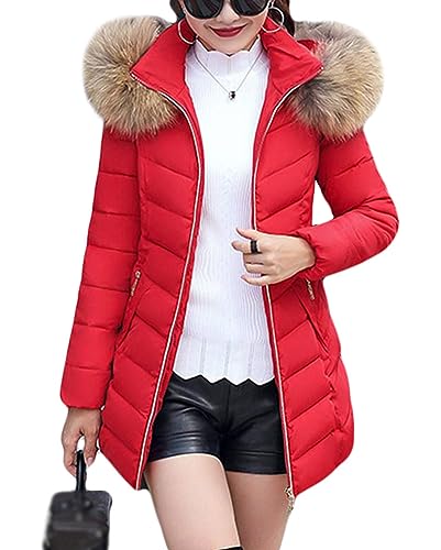 ORANDESIGNE Damen Daunenmantel Mittellange mit Pelzkragen Warm Dicker Winterjacke Slim Steppmantel Wintermantel Parka Winddicht Steppjacke Trenchcoat Elegant Winterjacke Outwear A Rot L von ORANDESIGNE